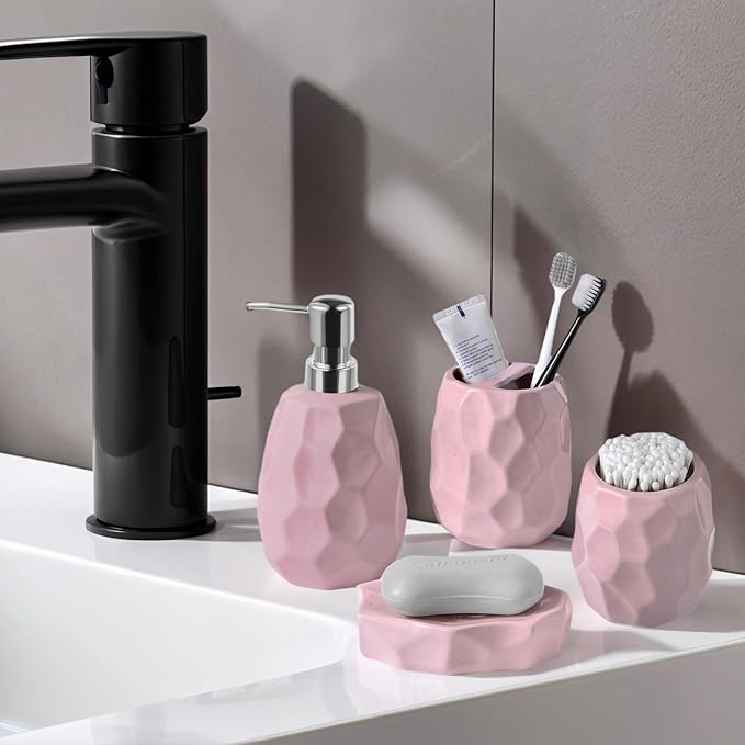 Ceramic Bathroom Accessories Set 4 PCS,Bathroom Toothbrush Holder Set,Soap and Toothbrush Holder Set,Include Toothbrush Holder,Soap Dispenser,Tumbler,Soap Dish,Bathroom Sets Decor Organizer (Pink)