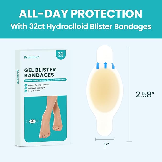 Hydrocolloid Gel Blister Bandages Pads - Promifun Waterproof Adhesive Blisters Bandages - Blister Pads for Heel, Foot, Toe, Feet - Gel Blister Chshions for Prevention & Recovery (32ct,Toe Pack)