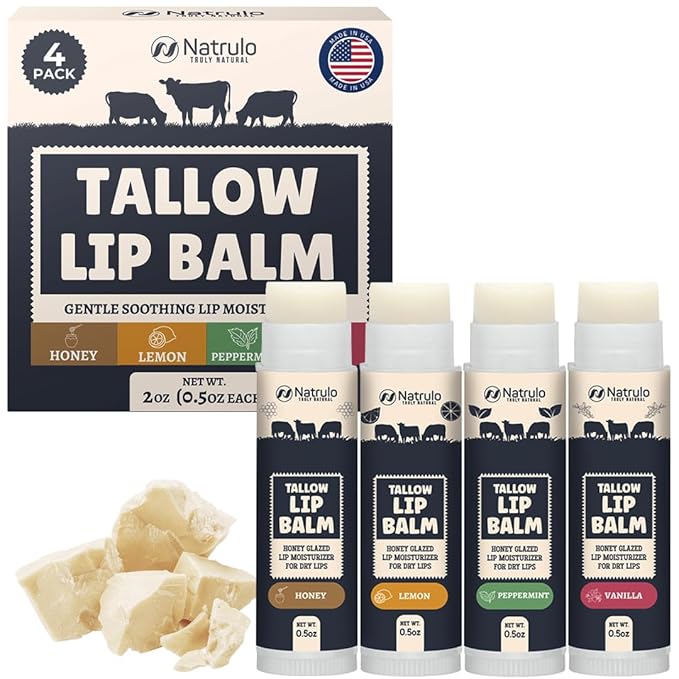 Beef Tallow Lip Balm – Natural Tallow Beeswax Chapstick – Hydrating Grass Fed Beef Tallow Honey Balm Lip Care – Soothes Chapped Dry Sensitive Lips – Long Lasting Vitamin Rich USA-Made Variety Pack