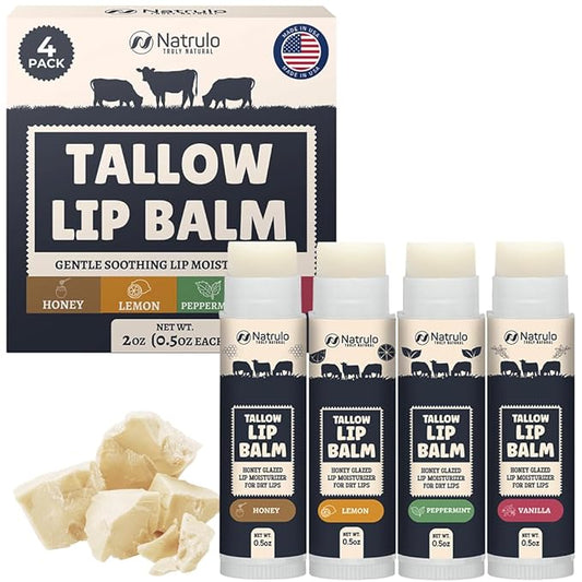 Beef Tallow Lip Balm – Natural Tallow Beeswax Chapstick – Hydrating Grass Fed Beef Tallow Honey Balm Lip Care – Soothes Chapped Dry Sensitive Lips – Long Lasting Vitamin Rich USA-Made Variety Pack