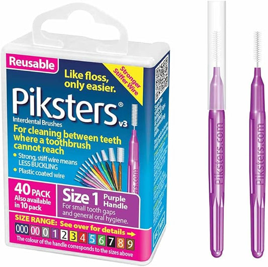 Piksters Interdental Brushes, 40 pk, Size 1, Interdental Tooth Brush for Tight Gaps, Gum Soft Bristles for Plaque Removal, Safe for Braces