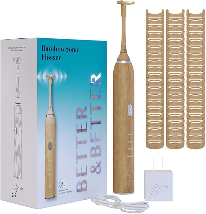 Better & Better Bamboo Sonic Electric Flosser for Teeth | Electric Dental Flosser for Sensitive Gums & Deep Cleaning w/ 4 Flossing Modes | Rechargeable, Dentist Recommended & Water Floss Alternative
