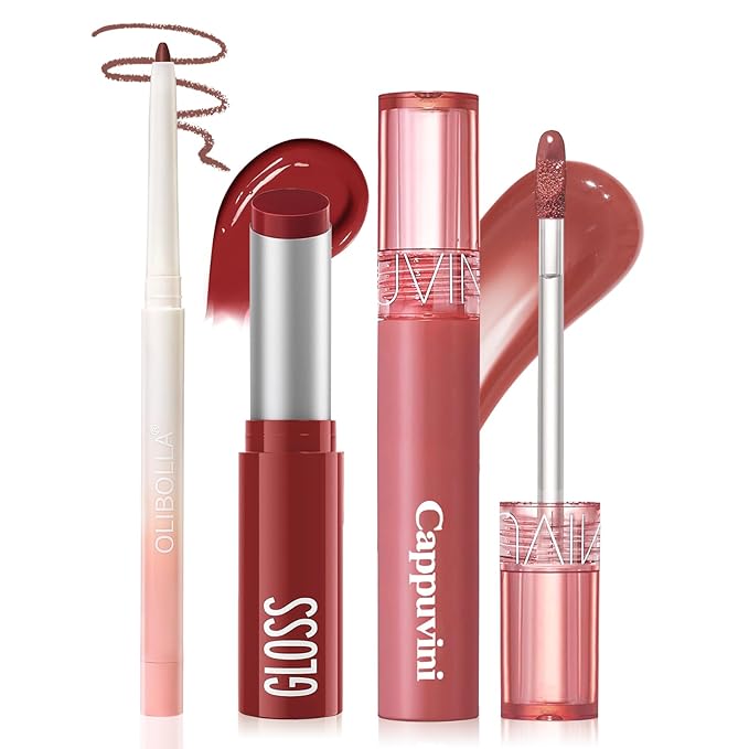 KIMUSE 3PCS Lip Combo Set - Matte Lip Liner Pencil + Hydrating Tinted Lip Balm + Juicy Lip Gloss Tint, Non-Sticky, Long-Lasting, High Pigment Lip Makeup Kit (Berry Mousse Set)