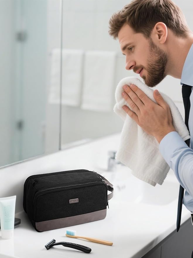 WANDF Toiletry Bag for Men Travel Toiletry Organizer Canvas and Leather Dopp Kit Water-Resistant Shaving Bag for Travel Accessories (Black, Large)