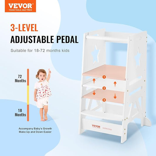 VEVOR Tower Step Stool, 3-Level Height Adjustable Toddler Step Stools for Kids, Bamboo Kitchen Stool, Standing Tower Learning Stool with Safety Rail for Kitchen Counter Bathroom, 350LBS, White