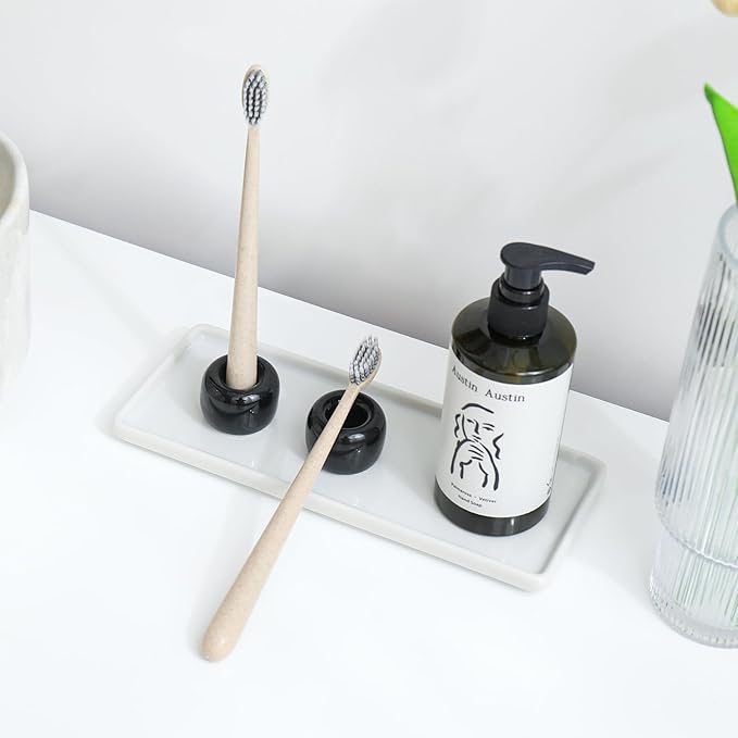 AirMoon Mini Ceramic Toothbrush Holder for Bathroom - Black Small Countertop Organizer, Easy Clean Toothbrush Stand, Suit for Electric Toothbrush Head, Pens & Coffee Spoon, Pack of 2