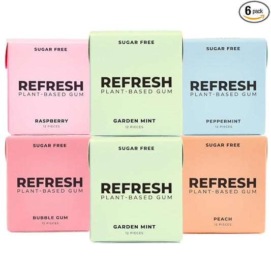 Refresh Gum, Xylitol, Natural, Sugar Free, Plastic Free, Organic Ingredients, Non GMO, Peppermint, Garden Mint, Bubble Gum, Peach & Raspberry Variety Pack, 12 Pcs, 6 Pack