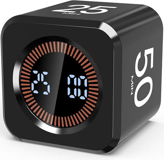 Pomodoro Timer Cube Visual Productivity Flip Timer for Kids Classroom Desk, 5/10/25/50min&Custom Countdown, Silent&Sound Mode Digital Cube for ADHD Study Work School Game Kitchen (Black)