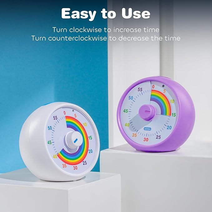 Visual Timer for Kids, 60-Minute Countdown for Classroom Office Kitchen, Desk Timer Kids Time Management Tools with Silent Operation, Pomodoro Timer Rainbow Pattern Purple