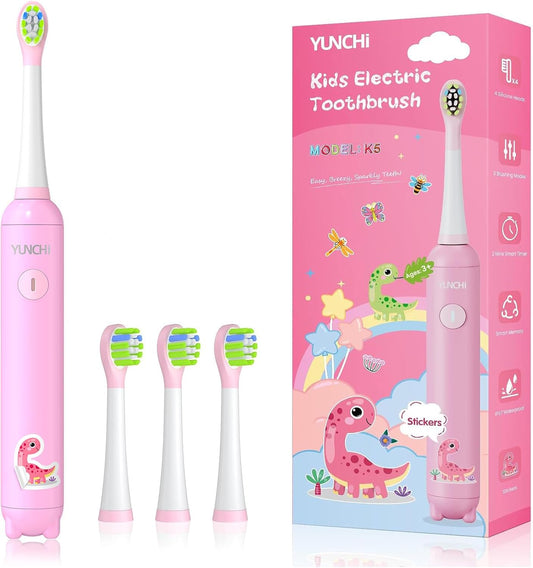 YUNCHI K5 Kids Electric Toothbrush Rechargeable with Waterproof Stickers, 3 Modes with 2 Minutes Timer, Toddler Children Sonic Toothbrush for Girls Ages 3-12, 4 Replacement Heads Soft Bristles, Pink