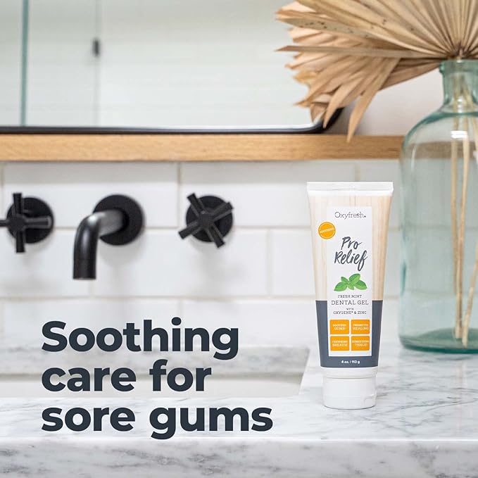 Oxyfresh Pro Relief Fluoride Free Dental Gel with Zinc and for Soothing Irritated Gums and Support Gum Health – Infused with Aloe Vera, Chamomile and Xylitol – Dentist Recommended - 4 oz