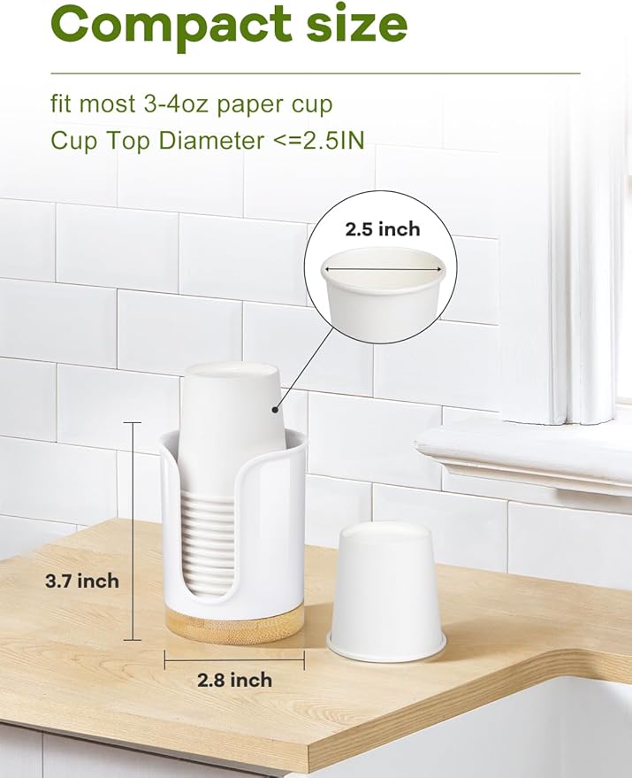 Bathroom Cup Dispenser - Small Cup Holder for Dixie 3 oz Bathroom Cups, Mouthwash Cups, 3 4 Ounce Cup Dispenser - PC/Bamboo, White, Pack of 1