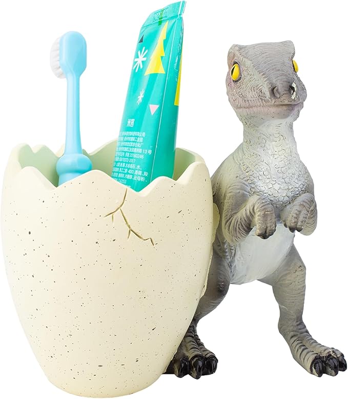 FlidRunest Dinosaur Kids Toothbrush Holder Tooth Brush Organizer for Bathroom - Sturdy Resin Dino Tooth Brush Holder - Easy to Clean - Dinosaur Bathroom Decor for Birthday, Children's Day-Grey
