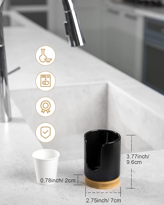 Ceramic Bathroom Cups Dispenser - 3 oz Disposable Paper & Plastic Bathroom Cups Holder - Mouthwash Cups Dispenser for Bathroom, Guest Toiletries, Countertop - BPA Free, Kids Safe (Black)
