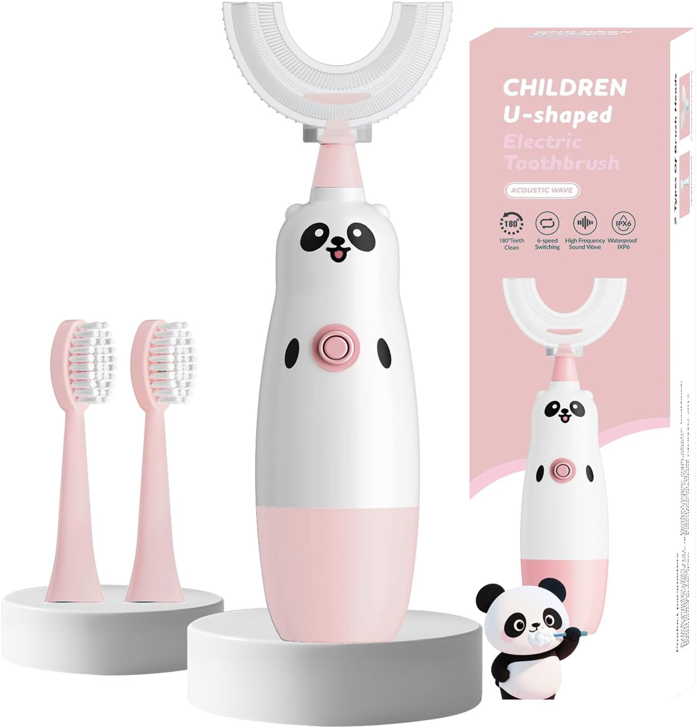 Kids U-Shaped Electric Toothbrush with 2 Brush Heads, Toddlers Sonic with 360 Degree Cleaning, Soft Bristles, Battery Included, IPX7 Waterproof, Cute cartoon for Girls and Boys, Ages 8-13 (Pink)
