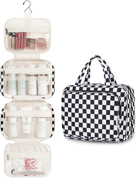 Narwey Hanging Toiletry Bag for Women Travel Makeup Bag Organizer Toiletries Bag for Travel Size Essentials Accessories Cosmetics (Black Checkerboard (Medium))