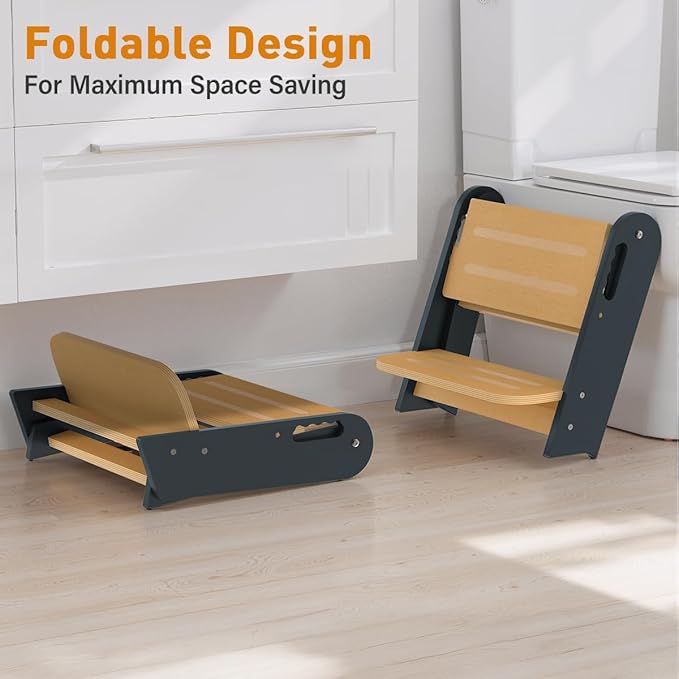 Toddler Step Stool, Wooden Height-Adjustable 2 Step Stool for Kids, 2 in 1 Potty Training Stool with Safety Handles Non-Slip Pads for Bathroom Sink, Kitchen, Bedroom (Grey, Foldable)