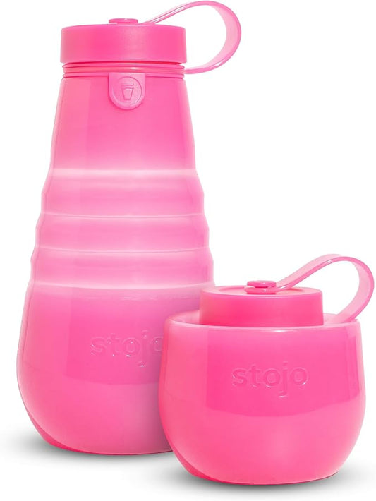 STOJO Collapsible Sports Water Bottle - Leak-Proof Reusable Silicone Travel Cup for Hot & Cold Drinks - Microwave & Dishwasher Safe - AS SEEN ON TODAY SHOW - Parent (Translucent Hot Pink)