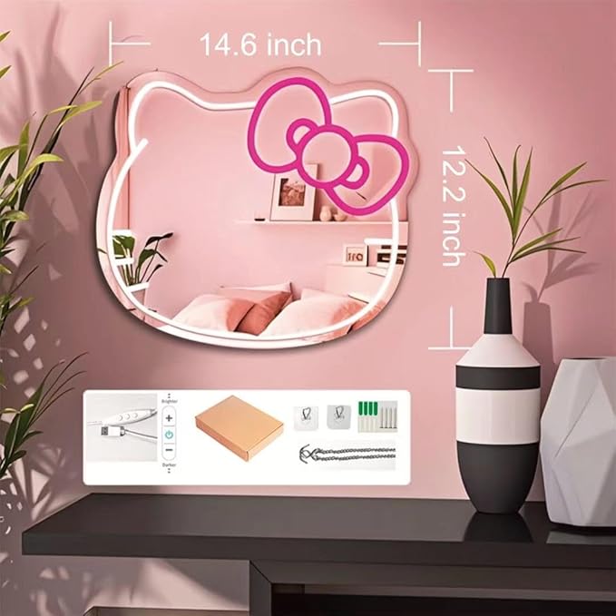 GALLIA Anime Hello Kit Mirror Vanity, Neon Mirror with Dimmable LED Lights, Perfect for Teen Girl Gift, Room Decor, 14.6" x 12.2"