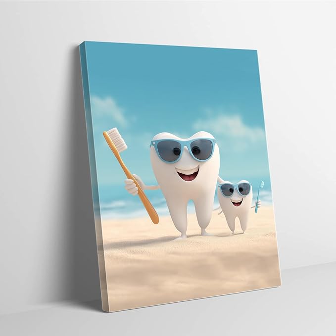 SchindlerBang Vibrant Tooth Vacation Art,Sunny Beach Canvas,Cheerful Decor for Summer Clinics,Pool Houses,and Vacation Rentals 12x16inch Ready to Hang
