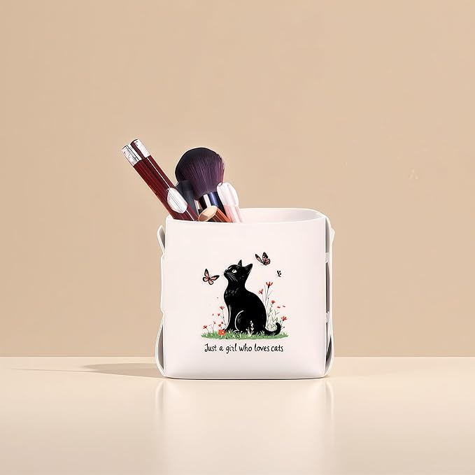 Cat Makeup Brush Holder, Decorative Desk Organizer for Jewelry Pen Pencil Glasses Storage, Cat Lovers Themed Gifts Stuff For Girls Teens Kids Women!