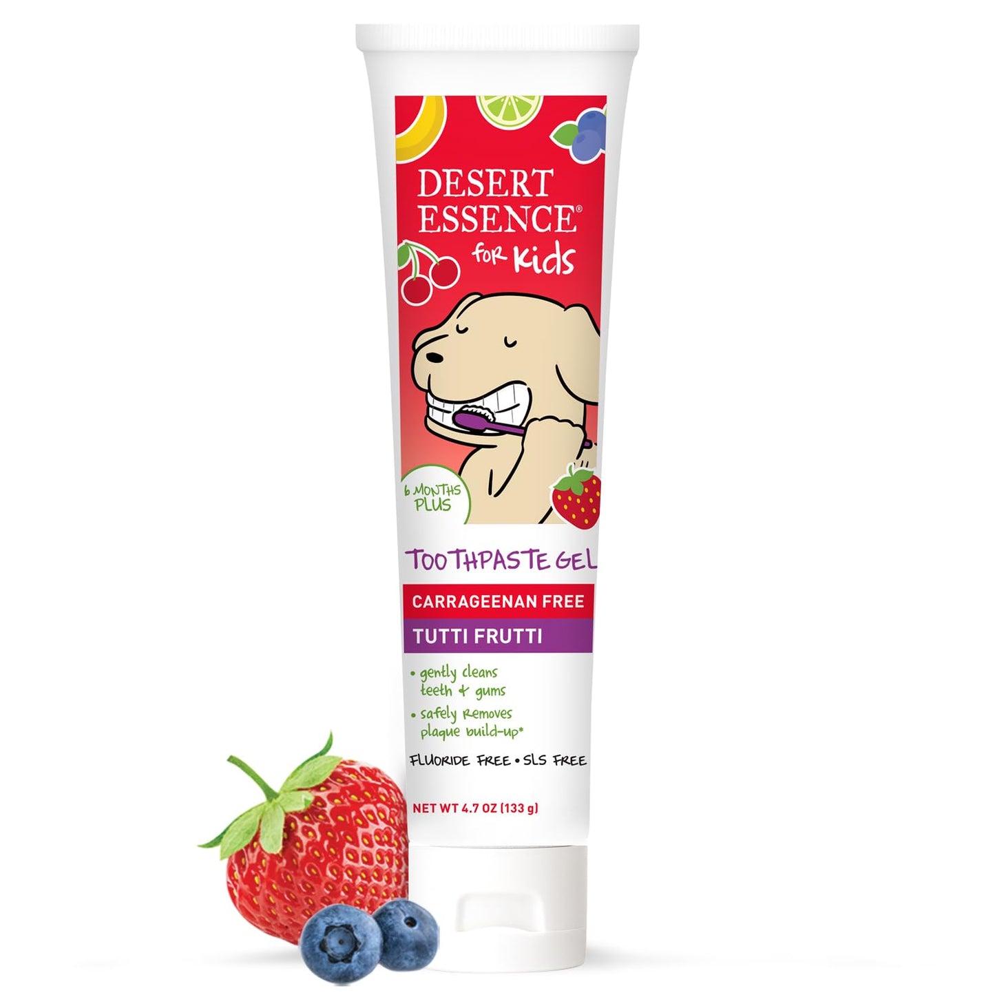 Desert Essence Fluoride-Free Toothpaste Gel for Kids - Tutti Frutti Flavor - Safe for Toddlers and Babies - Gluten-Free, SLS-Free, Non-Fluoride - Safe to Swallow with Xylitol and Aloe, 4.7oz