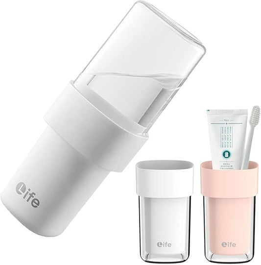 Travel Toothbrush Holder for Bathroom, 2-in-1 Secure Seal Storage Cups, 2-Pack, White and Pink