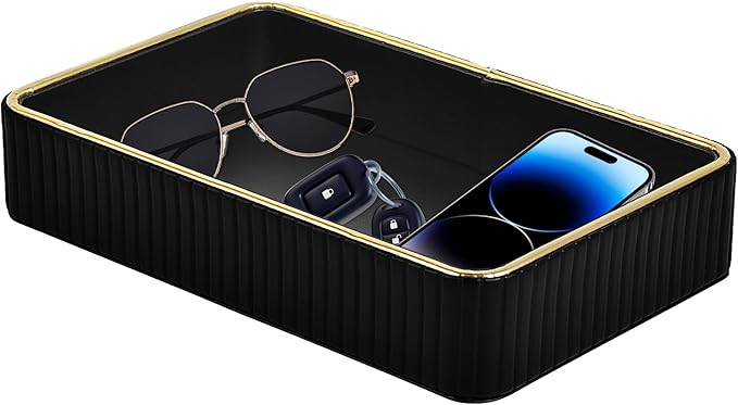 PU Leather Valet Tray,Desk Organizer Tray Nightstand Organizer Trinket Dish Storage Key Bowl Decorative Trays for Phone Wallet Jewelry Watch,Bathroom Bedroom Perfume Vanity Trays,Black