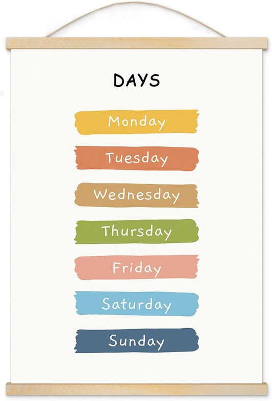 YOUHONG Classroom Decor Educational Posters Classroom Wall Art Kids Wall Art Learning Posters with Wooden Rods - Toddler Room Decor for Preschool, Homeschool (Easy Hang Rope Included) - 12x15.7 Inch