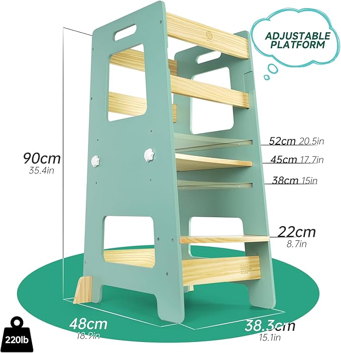 WOOD CITY Kitchen Step Stool - Safe Montessori Standing Tower for Kids with Safety Rail, Height Adjustable Toddler Ideal Helper for Learning New Skills, Anti-Slip Protection for Bathroom - Green…