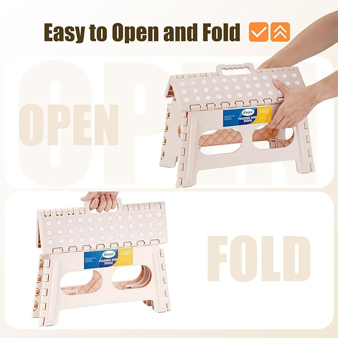 Korpai 9" Folding Step Stool for Adults and Kids 15-Inch Extra Wide Stool Holds Up to 300 lbs,Non-Slip Folding Stools with Handle,Compact Plastic Foldable Step Stool for Bathroom,Kitchen,ect Khaki