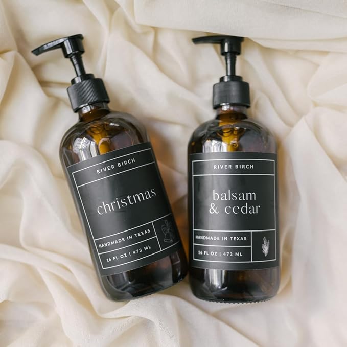 River Birch Balsam & Cedar Scented Natural Hand Soap -Handmade -Moisturizing Hand Wash with Amber Glass Dispenser - Luxury Scented Hydrating Hand Soap - Vegan and Non-Toxic -16 Fl Oz