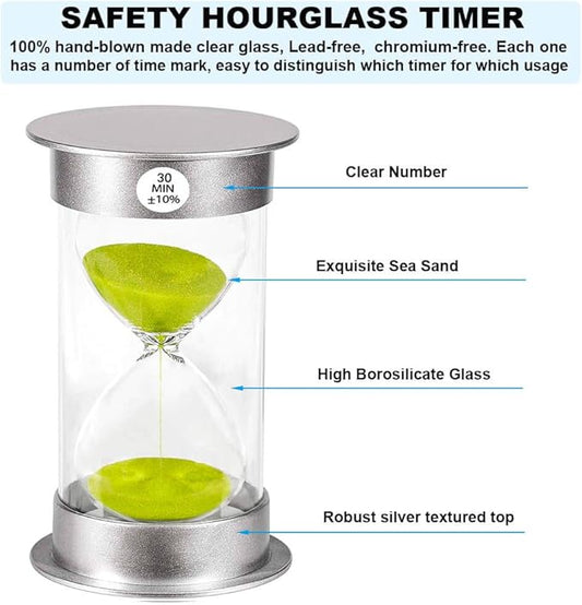 Sand Timer 30 Minute Hourglass Timer, Silver Plastic Sand Clock 30 minutes, Silver Sand Watch 30 Min, Hour Glass Sandglass Timer for Kids, Games, Classroom, Kitchen, Decorative (30 Min, Green Sand)