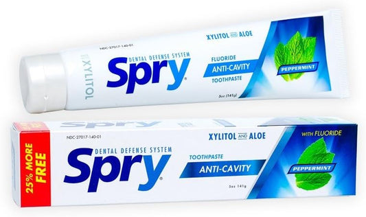 Spry Natural Xylitol Toothpaste 5oz for Adults and Kids with Fluoride, Gentle for Sensitive Teeth Whitening and Remineralizing, Breath Freshening, Mouth Moisturizing, Peppermint (Pack of 2)