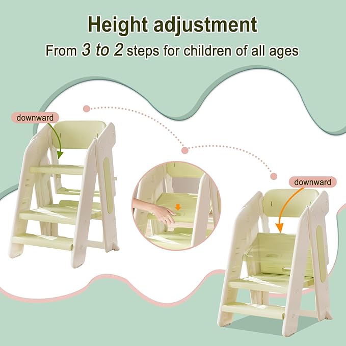 Toddler Tower Kitchen Stool Helper,Foldable/Adjustable Height Kids StandingTower Stool W/CPC Certification,for Kitchen Counter Bathroom Sink Cooking Child Ladder for Toddlers W/Safty Rail(Grey White)