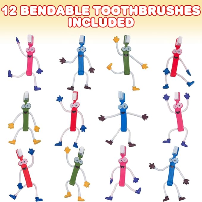 ArtCreativity Bendable Toothbrush Figures - 12 Dental Toys for Kids, Dentist Office Giveaways, Toothbrush Toys & Party Favors, Stress Relief Fidget Toys, Piñata Fillers
