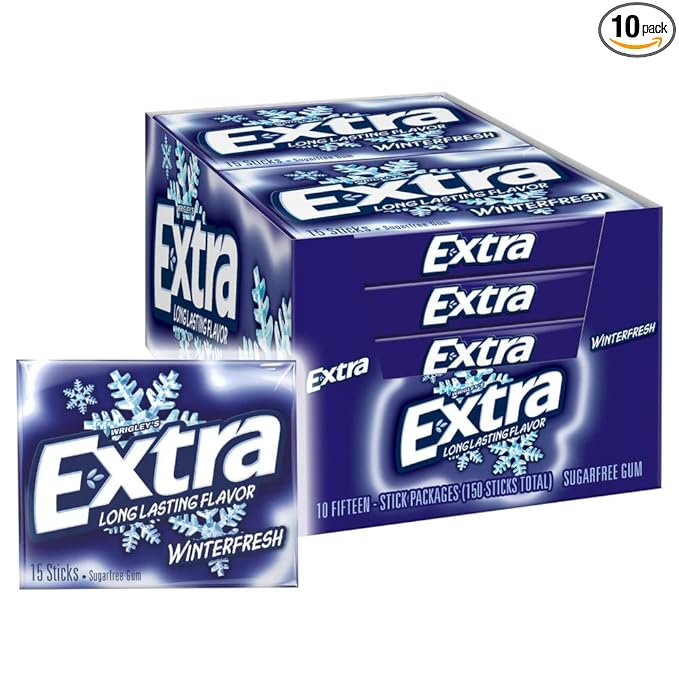 Extra Gum Winterfresh Sugarfree, Bulk, Individually Wrapped, Perfect for Fresh Breath at School, Work, and Travel 15 Count, Pack of 10