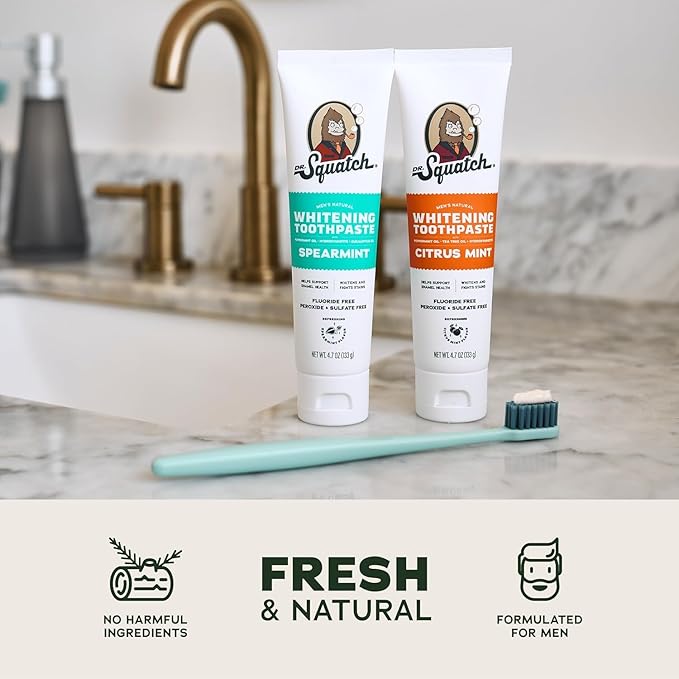 Dr. Squatch Natural Teeth Whitening Toothpaste Kit - Day and Night Flouride Free Natural Toothpaste - Citrus Mint, Spearmint (4.7 oz, 2-Pack)