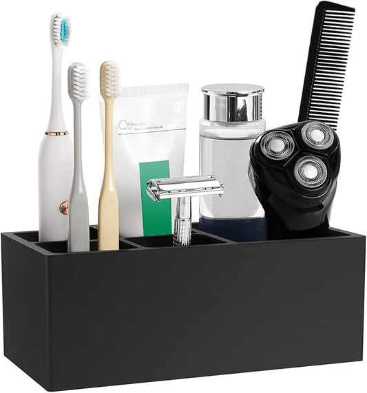 Luxspire Toothbrush Holder, 5 Slots Toothbrush Razor Holder Toothpaste Stand, Resin Decorative Dental Storage for Bathroom Accessories Set Vanity Counter Sink Organizer Storage Organizer Caddy - Black