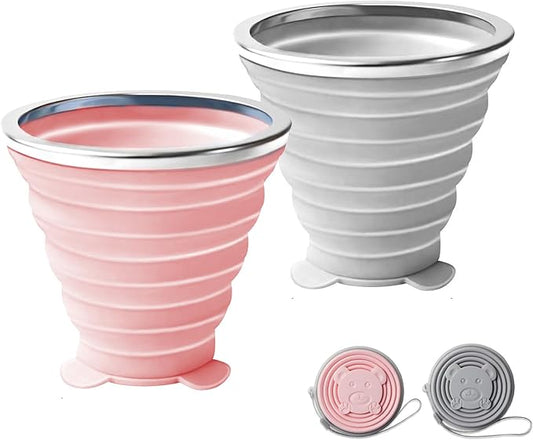 180ML Silicone Collapsible Cup 2 PCS Silicone Foldable Expandable Folding Drinking Cup Reusable Portable Cup collapsible travel cup with Lids For Travel Camping Hiking Outdoor Sports（Pink+Grey）