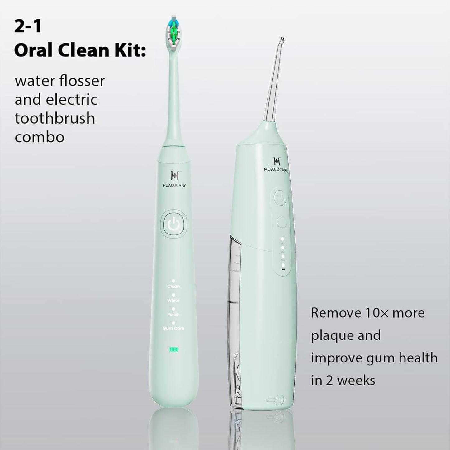2-1 Oral Clean Kit- Water Dental flosser & Electric Toothbrush Combo- Brushing & Flossing- for Teeth Cleaning and Gum Health (Light Green)