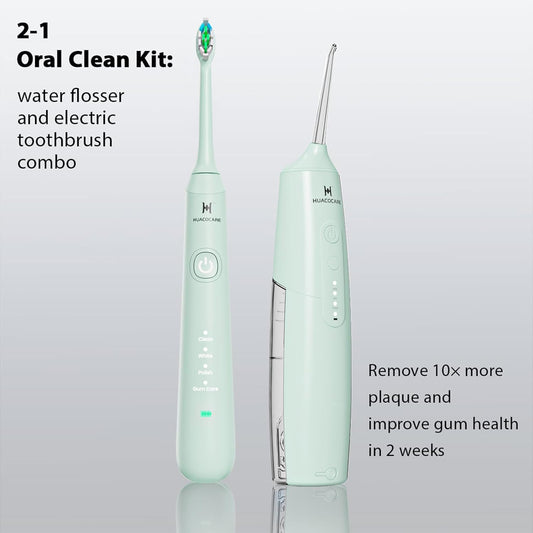 2-1 Oral Clean Kit- Water Dental flosser & Electric Toothbrush Combo- Brushing & Flossing- for Teeth Cleaning and Gum Health (Light Green)