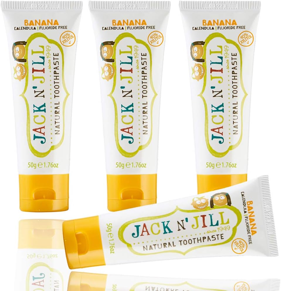Jack N' Jill Natural Toothpaste for Baby and Infants - Fluoride Free Training Toothpaste, 40% Xylitol, BPA Free - Banana, 1.76 oz (Pack of 4)