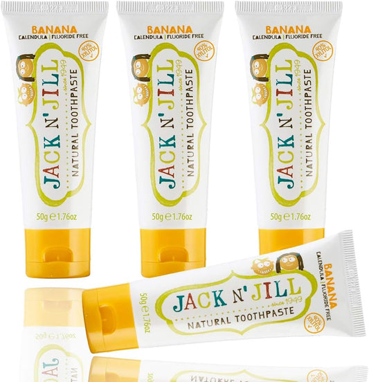 Jack N' Jill Natural Toothpaste for Baby and Infants - Fluoride Free Training Toothpaste, 40% Xylitol, BPA Free - Banana, 1.76 oz (Pack of 4)