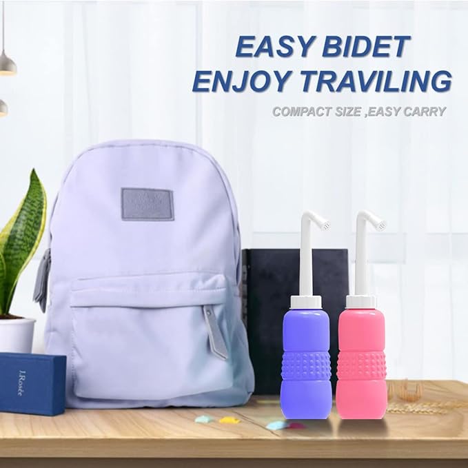 Upside Down Peri Bottle for Postpartum Care, Portable Bidet Bottle with Travel Bag, Handheld Perineal Sprayer,Reusable Douche Bottle for Women,Men,Baby,Personal Hygiene 450ml-2Pack (Blue+Pink)
