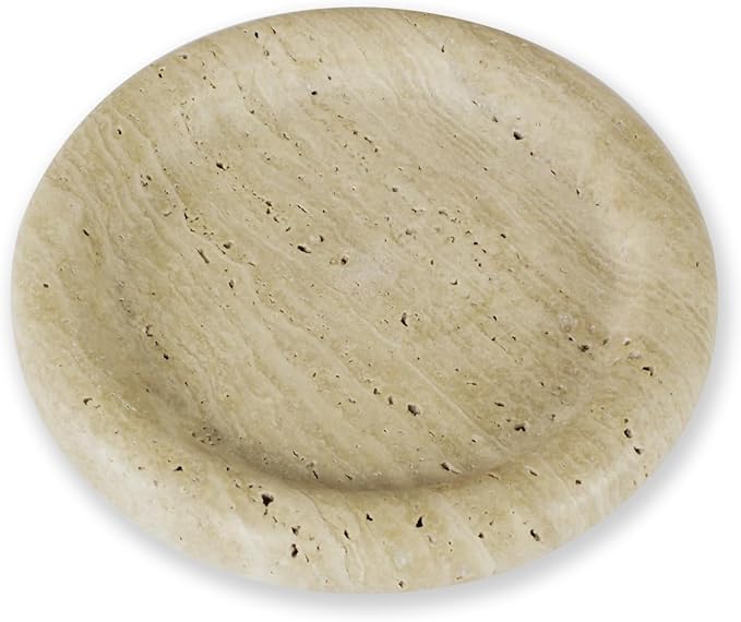 Natural Travertine Marble Vanity Tray- Round Stone Tray,Decorative Beige Countertop Organizer,Jewelry Dish for Bathroom,Coffee Table,Kitchen