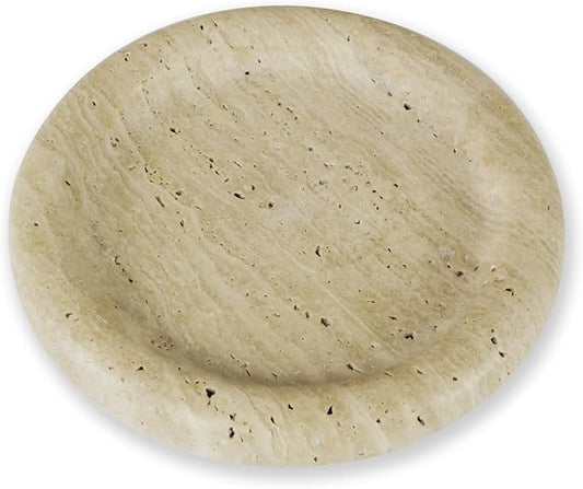 Natural Travertine Marble Vanity Tray- Round Stone Tray,Decorative Beige Countertop Organizer,Jewelry Dish for Bathroom,Coffee Table,Kitchen