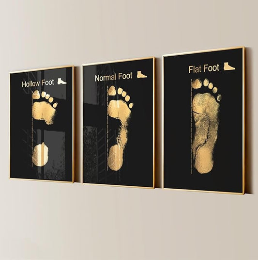NATVVA Wall Decor 3 Pieces Foot Arch Types Canvas Painting Gold Footprint Types Prints Art Poster Foot Pathologies Pictures for Podologist Orthopedic Decor with Wooden Inner Frame
