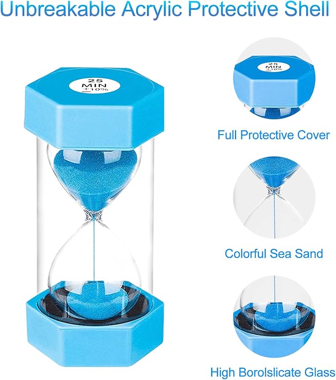 Hourglass Timer 25 Minute, Plastic Sand Clock 25 Min, Small Blue Sand Watch 25 Minutes, Colorful Hour Glass Sandglass Timer for Kids, Games, Classroom, Kitchen, Decorative