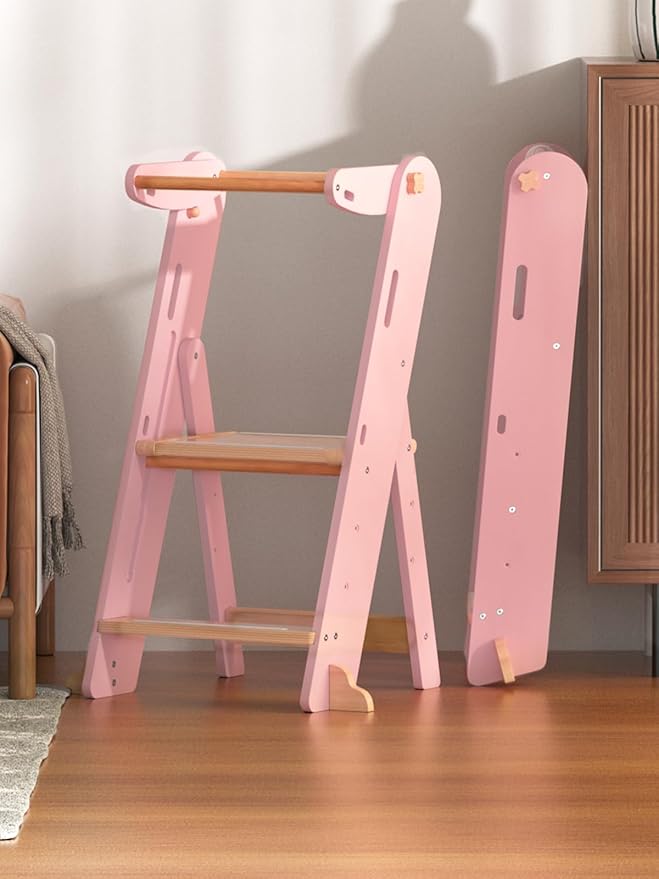 GROWNSY Foldable Step Stool Toddler Tower, Toddler Kitchen Stool Helper, Collapsible Kids Standing Tower with 3 Adjustable Heights and Safety Net for Kitchen Bathroom Sink Counter (Light Pink)